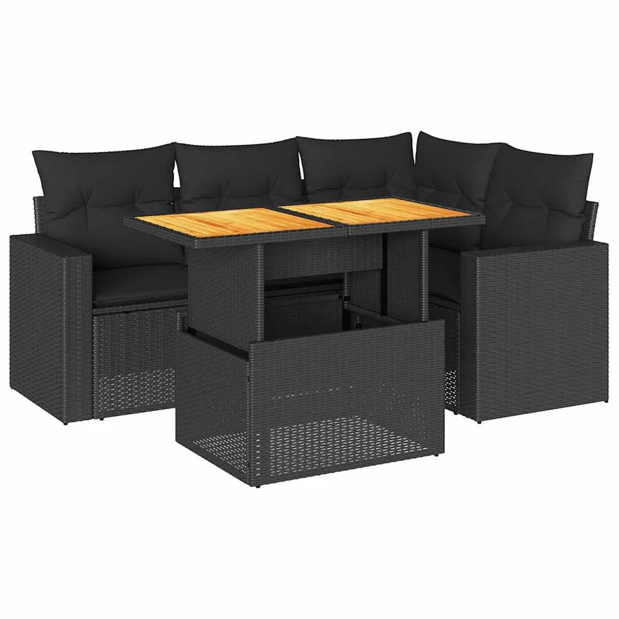 Salon de jardin 5 pcs avec coussins noir résine tressée - 2
