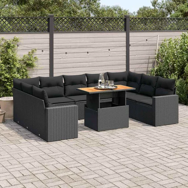 Salon de jardin 10 pcs avec coussins noir résine tressée