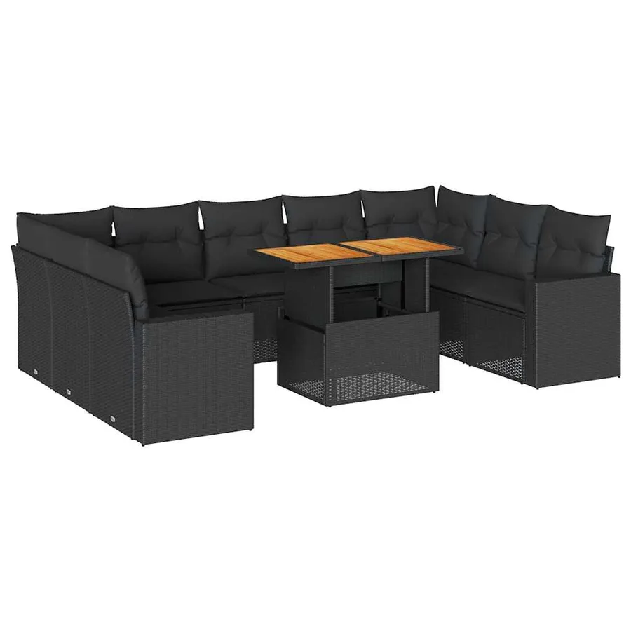 Salon de jardin 10 pcs avec coussins noir résine tressée - 2