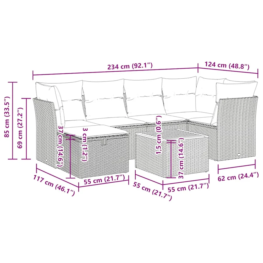 Salon de jardin 7 pcs avec coussins noir résine tressée 62 x 62 x 69 cm - 60,1 kg - 12