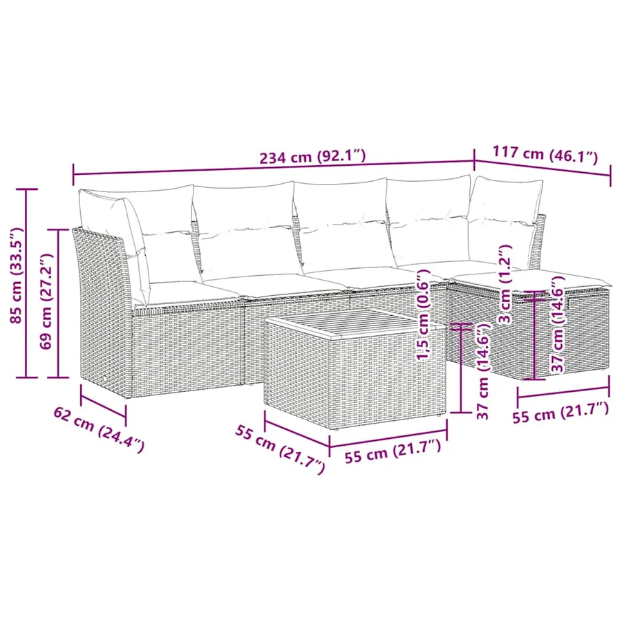 Salon de jardin 6 pcs avec coussins noir résine tressée - 12