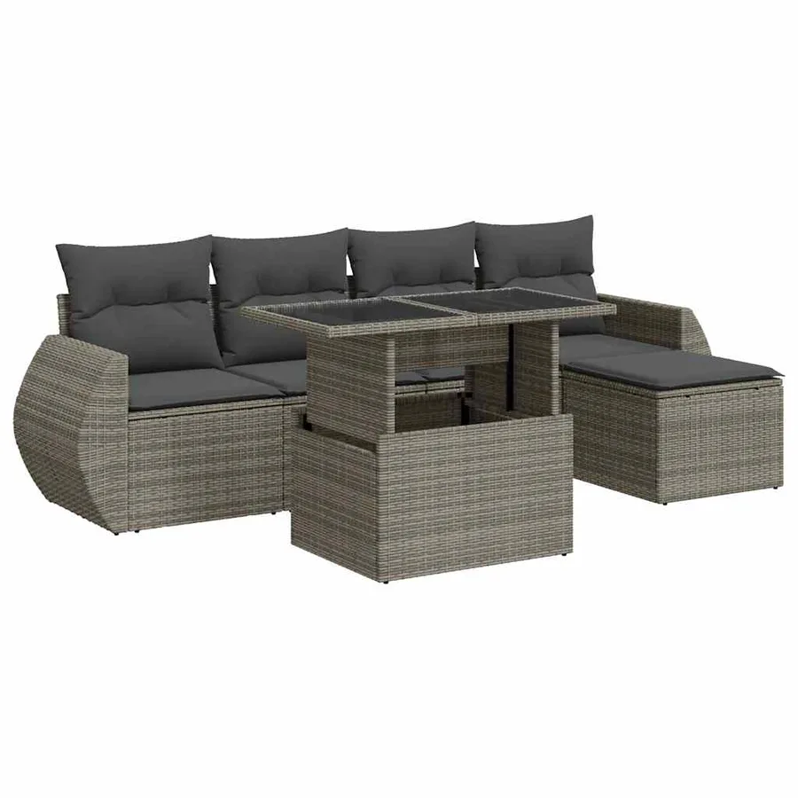 Salon de jardin 6 pcs avec coussins gris résine tressée - 2
