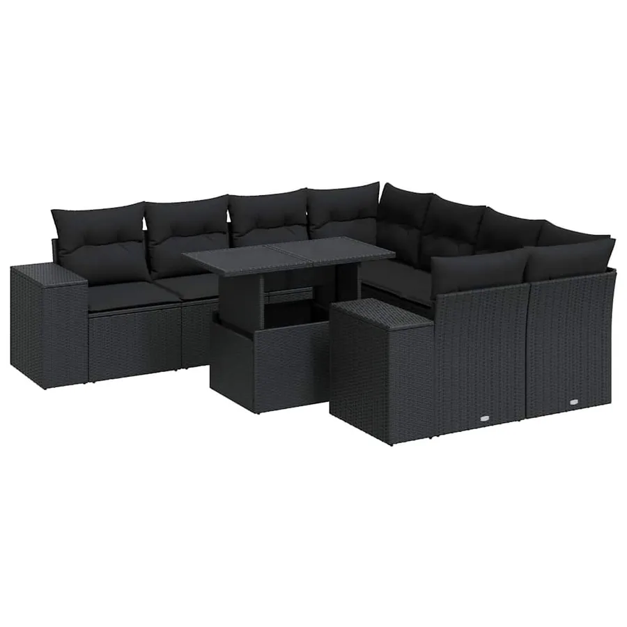 Salon de jardin 9 pcs avec coussins noir résine tressée - 2