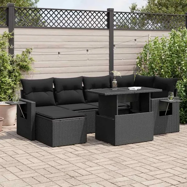 Salon de jardin 7 pcs avec coussins noir résine tressée 55 x 62 x 69 cm - 68,2 kg