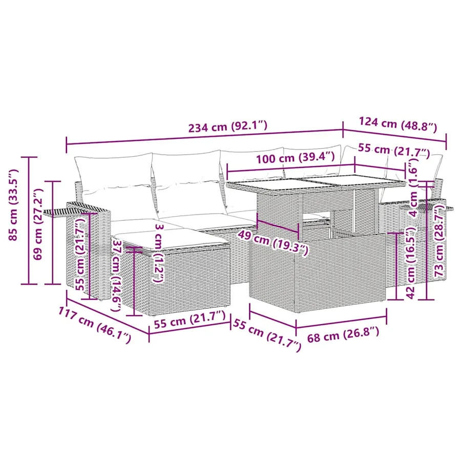 Salon de jardin 7 pcs avec coussins noir résine tressée 55 x 62 x 69 cm - 68,2 kg - 17