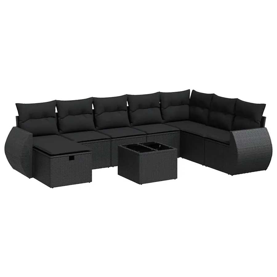 Salon de jardin 9 pcs avec coussins noir résine tressée - 2
