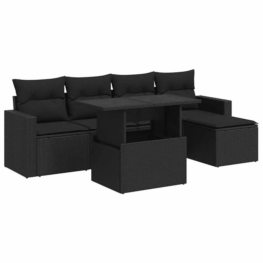 Salon de jardin 6 pcs avec coussins noir résine tressée - 2