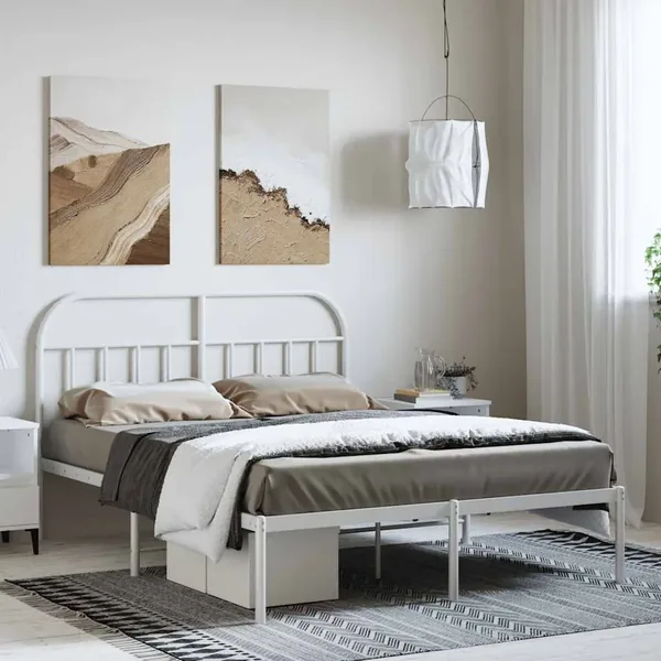 Cadre de lit métal sans matelas et tête de lit blanc 150x200 cm