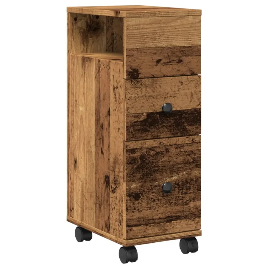Meuble étroit de salle de bain à roulettes vieux bois - 2