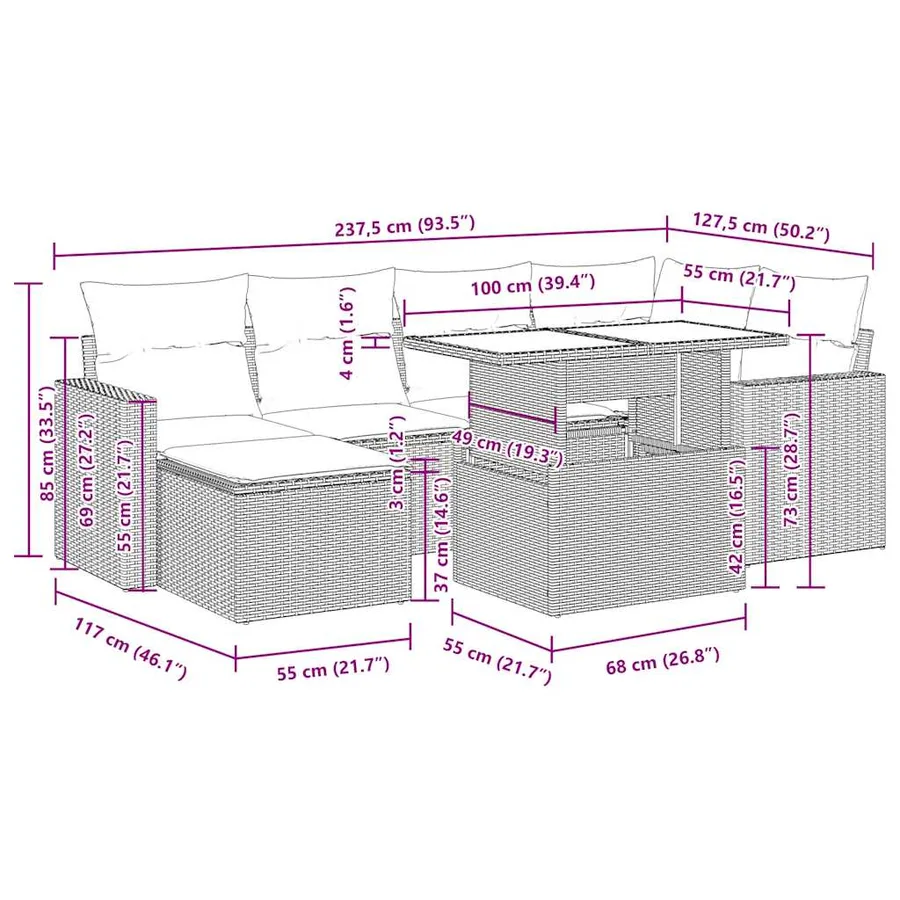 Salon de jardin 7 pcs avec coussins noir résine tressée 55 x 62 x 69 cm - 67,8 kg - 15
