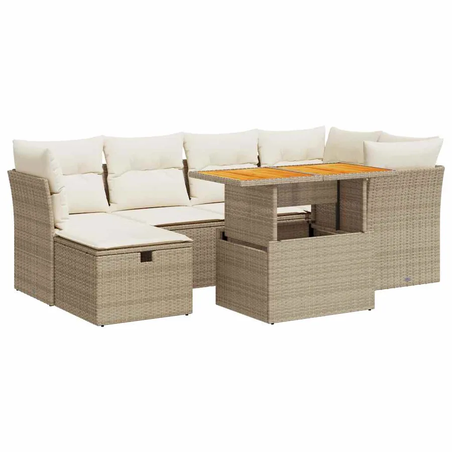 Salon de jardin avec coussins 7 pcs beige résine tressée acacia - 2
