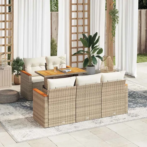 Salon de jardin 6 pcs avec coussins beige résine tressée acacia