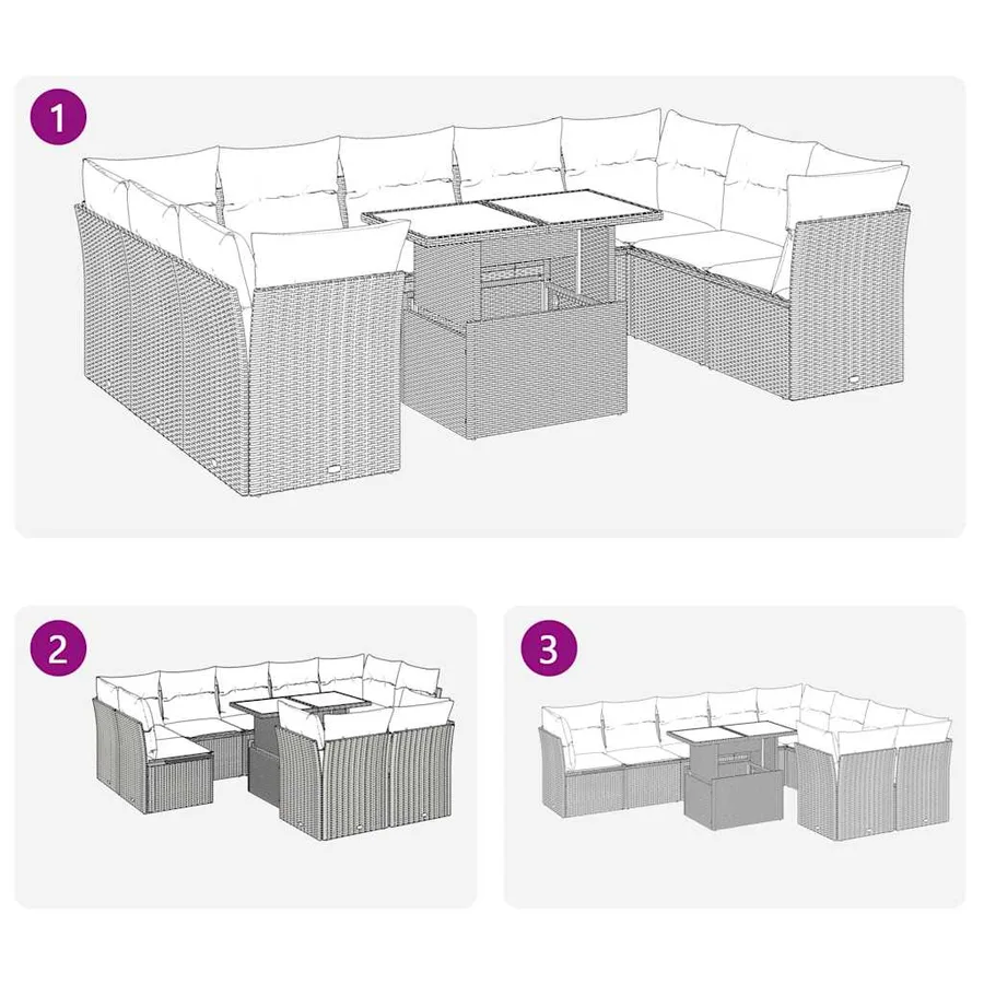 Salon de jardin 10 pcs avec coussins noir résine tressée - 9