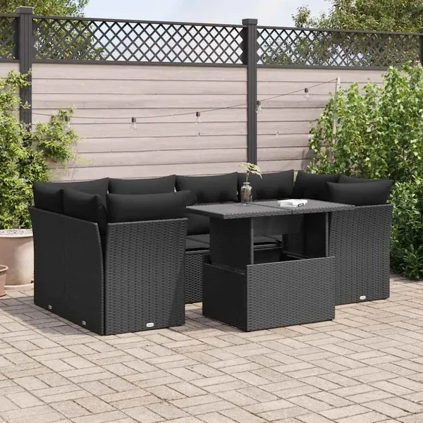 Salon de jardin 7 pcs avec coussins noir résine tressée 55 x 62 x 69 cm - 71,4 kg