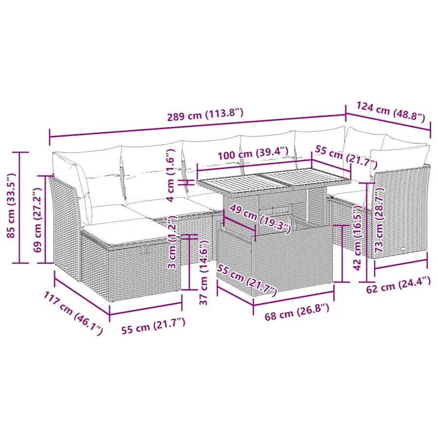 Salon de jardin avec coussins 8 pcs beige résine tressée acacia - 14
