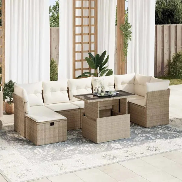 Salon de jardin avec coussins 8 pcs beige résine tressée