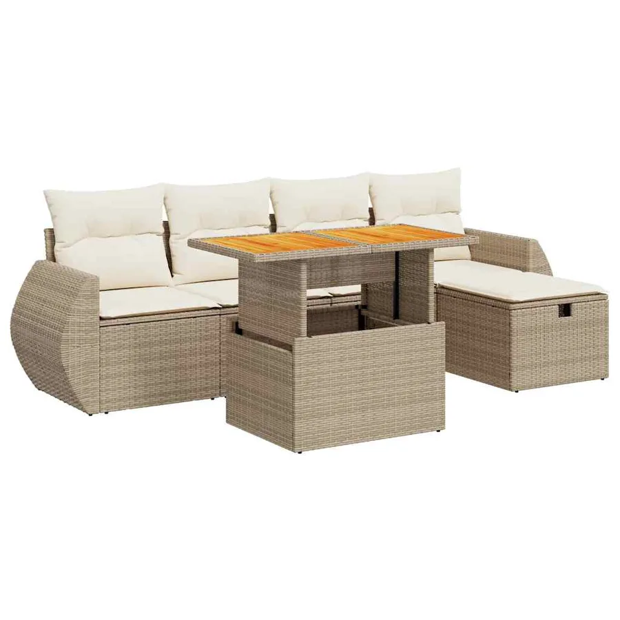 Salon de jardin 6 pcs avec coussins beige résine tressée acacia - 2