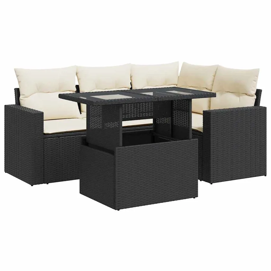 Salon de jardin 5 pcs avec coussins noir résine tressée - 2