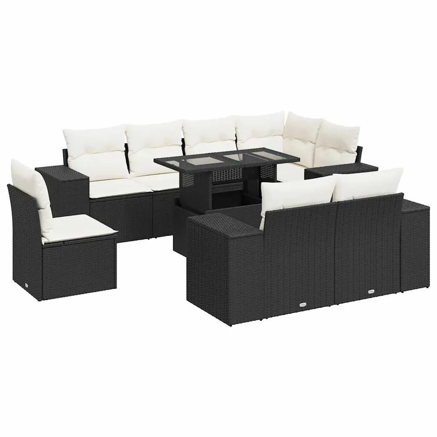 Salon de jardin 9 pcs avec coussins noir résine tressée - 2
