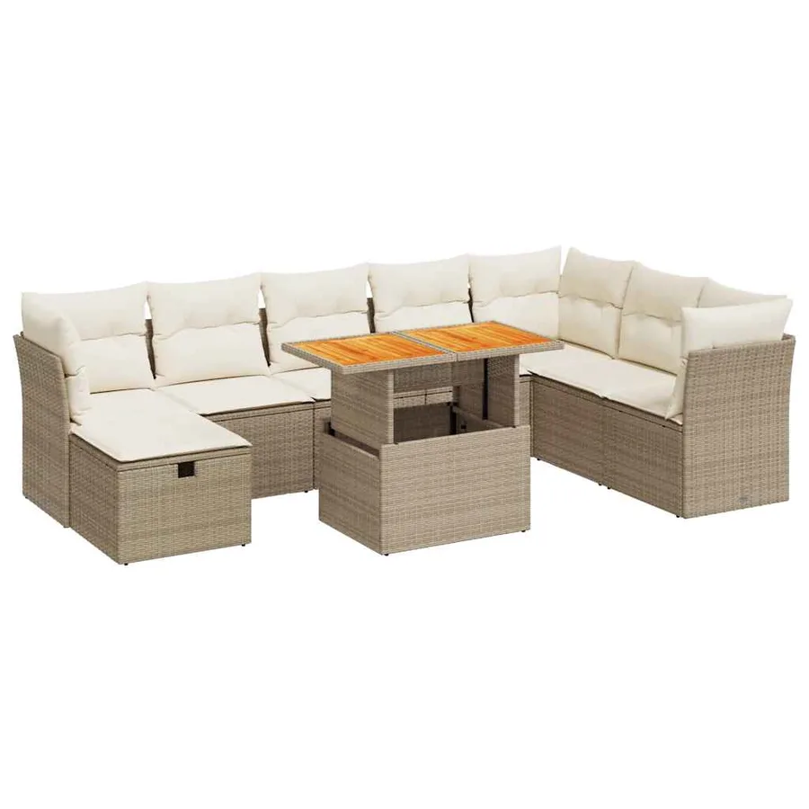 Salon de jardin avec coussins 9 pcs beige résine tressée acacia - 2