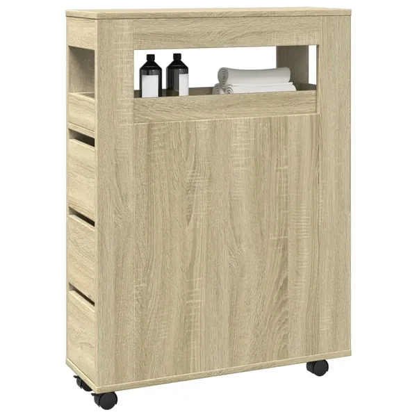 Meuble étroit de salle de bain à roulettes chêne sonoma