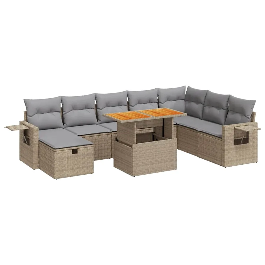 Salon de jardin avec coussins 9 pcs beige résine tressée acacia - 2