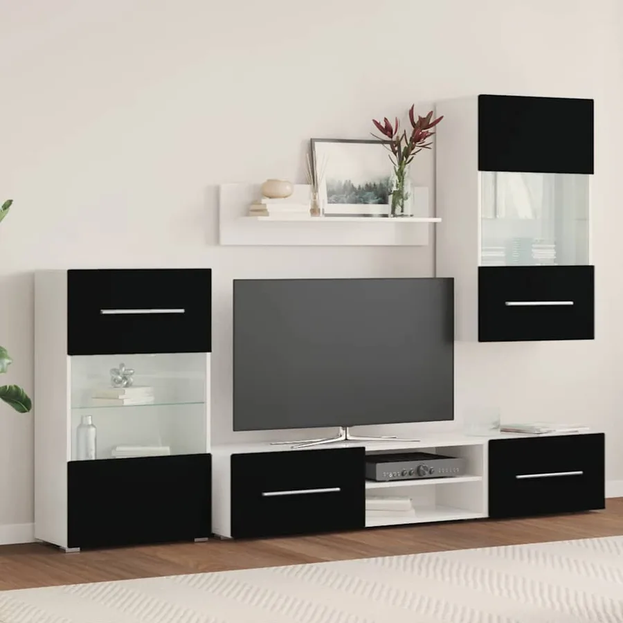 Meubles TV avec lumière LED 5 pcs noir mat bois d'ingénierie - 3