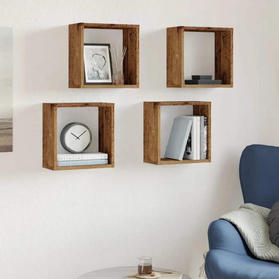 Étagères cube murales 4 pcs vieux bois 30x15x30 cm - 3