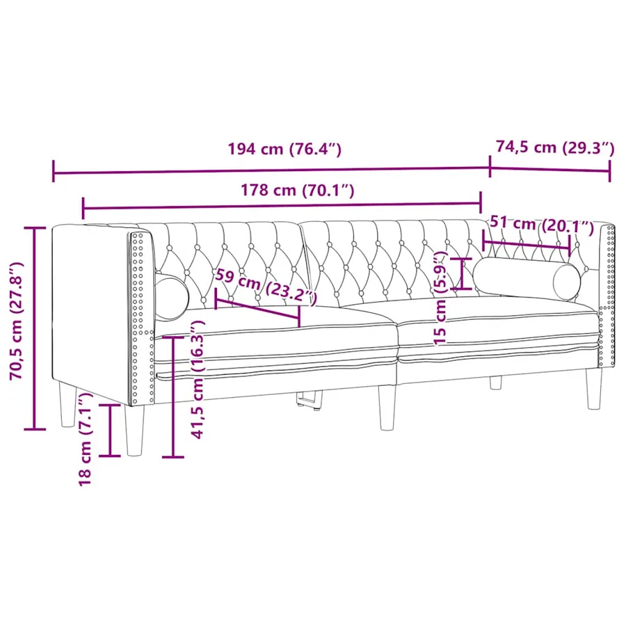 Canapé Chesterfield avec traversins 3 places jaune velours - 9