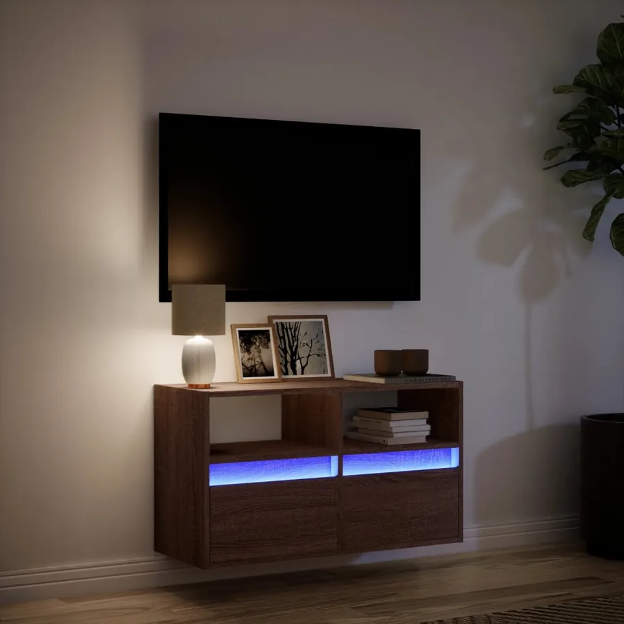 Meuble TV mural avec lumières LED chêne marron 80x31x45 cm - 5