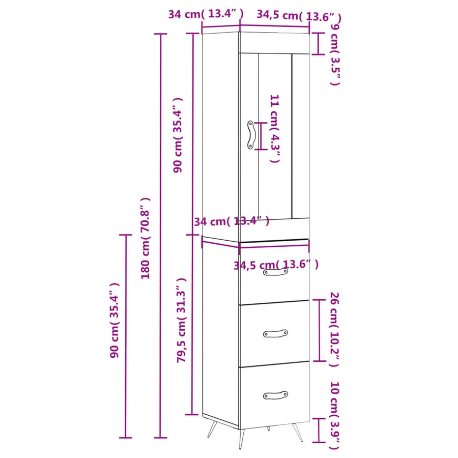 Buffet haut Gris béton 34,5x34x180 cm Bois d'ingénierie - 14