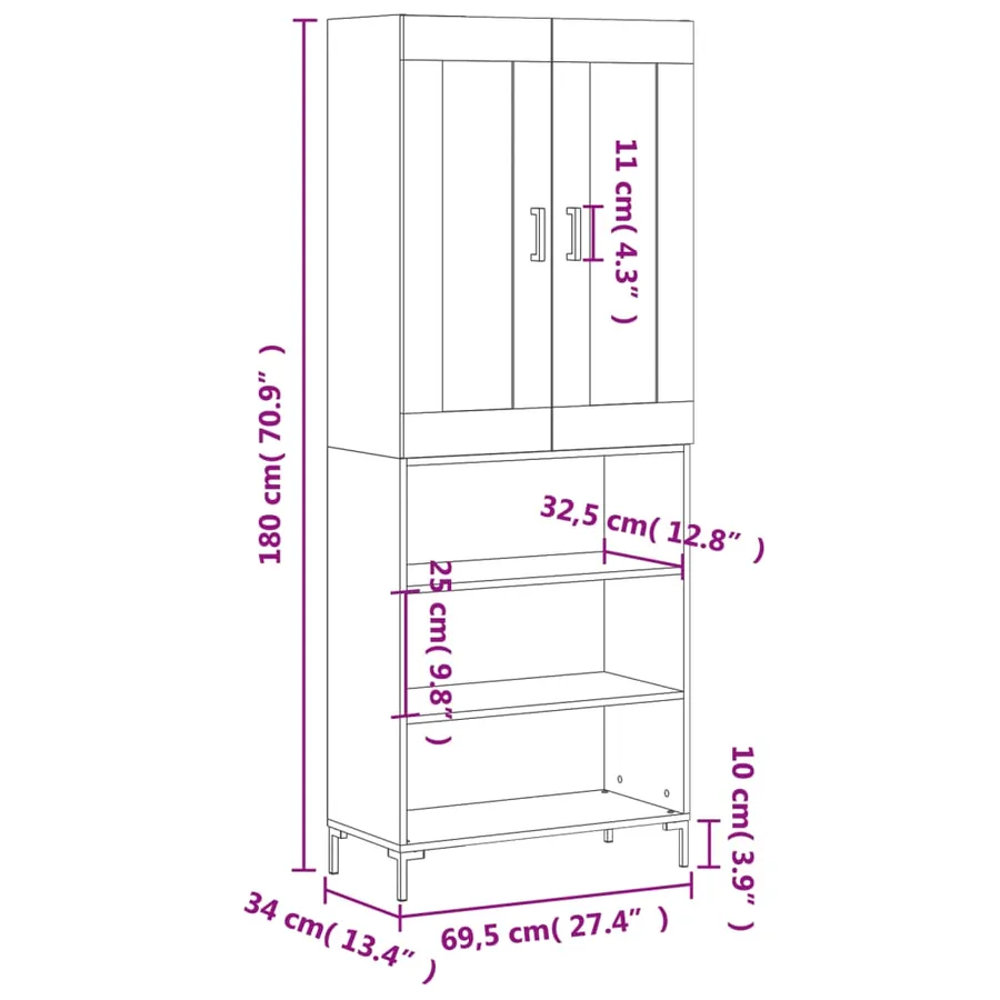 Buffet haut Gris béton 69,5x34x180 cm Bois d'ingénierie - 13