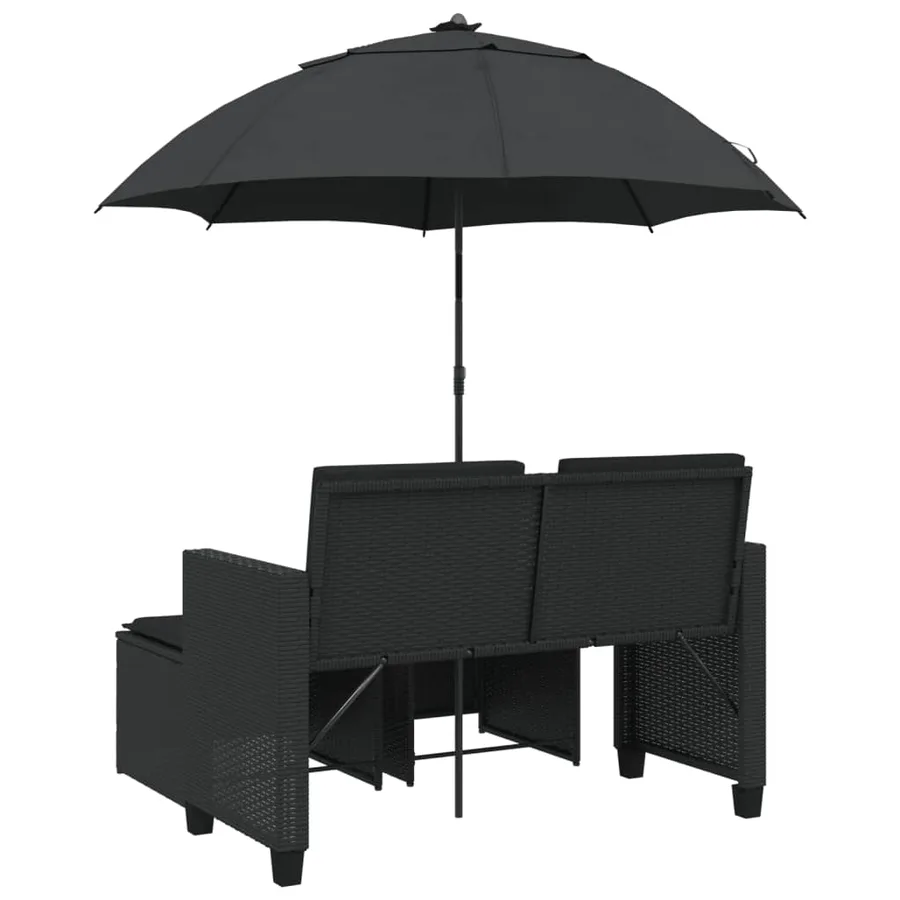 Canapé de jardin 2 places avec parasol et tabourets noir rotin - 6