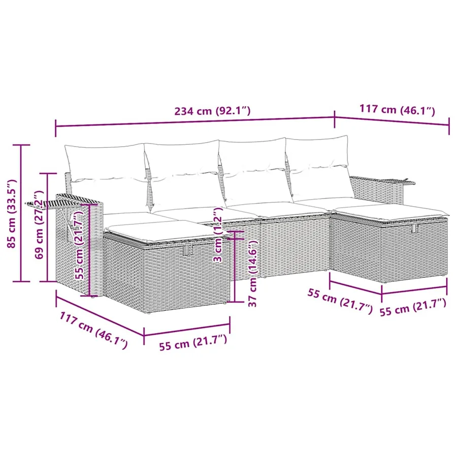 Salon de jardin 6 pcs avec coussins gris résine tressée - 12