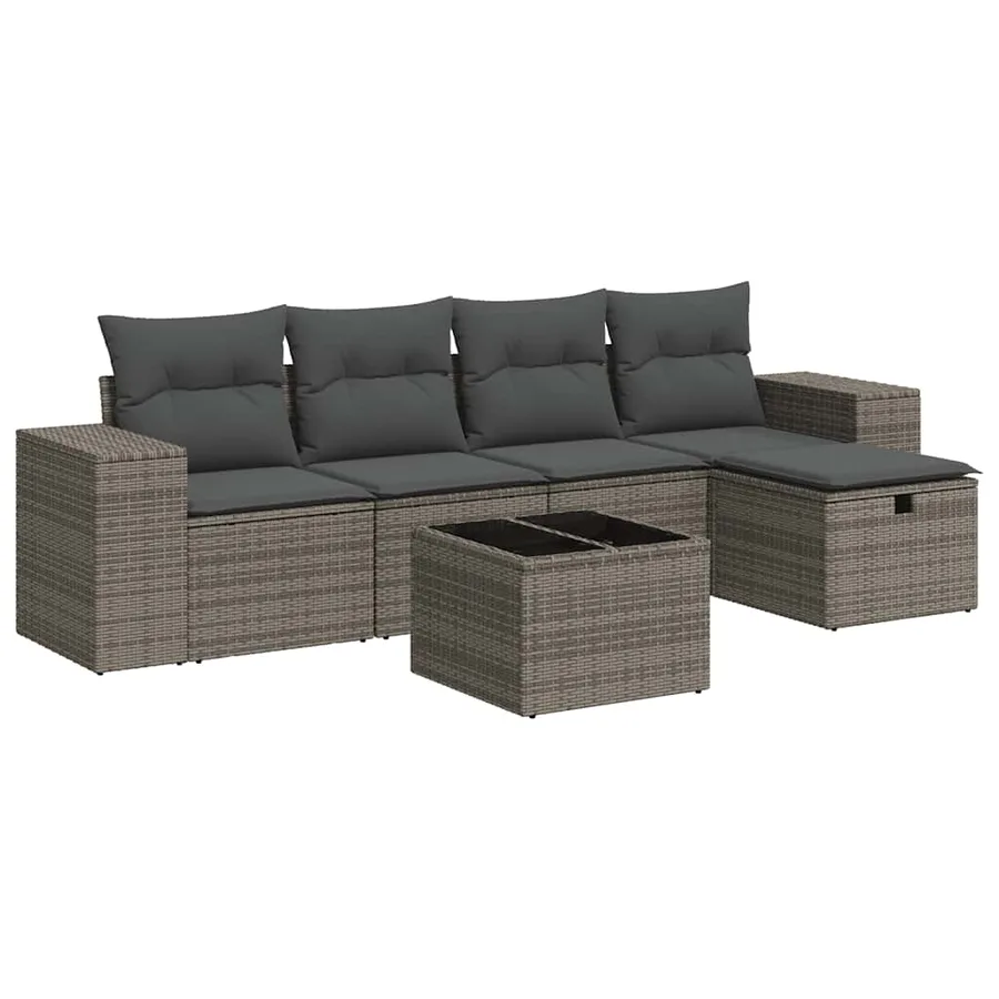 Salon de jardin 6 pcs avec coussins gris résine tressée - 2