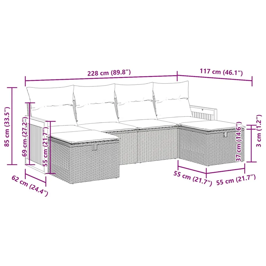 Salon de jardin 6 pcs avec coussins gris résine tressée - 12