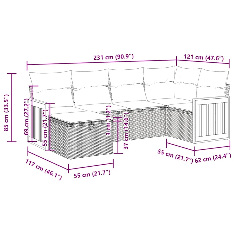 Salon de jardin 6 pcs avec coussins gris résine tressée - 14