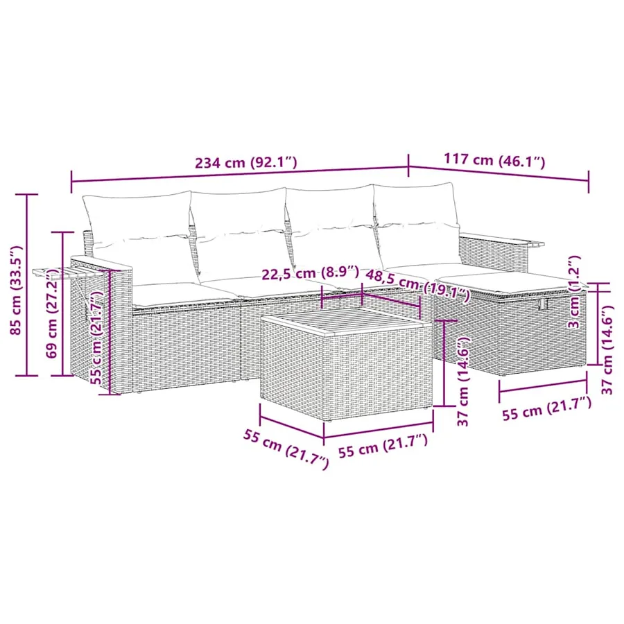 Salon de jardin 6 pcs avec coussins gris résine tressée - 14