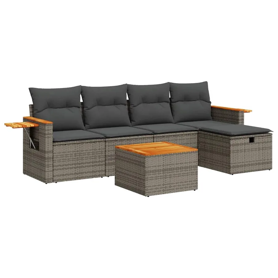 Salon de jardin 6 pcs avec coussins gris résine tressée - 2