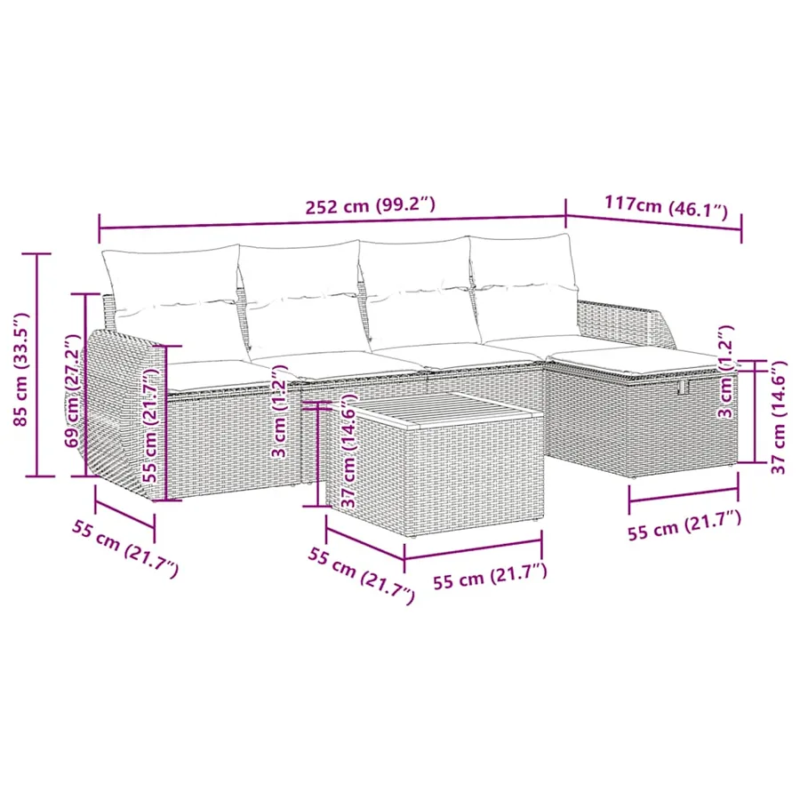 Salon de jardin 6 pcs avec coussins gris résine tressée - 12