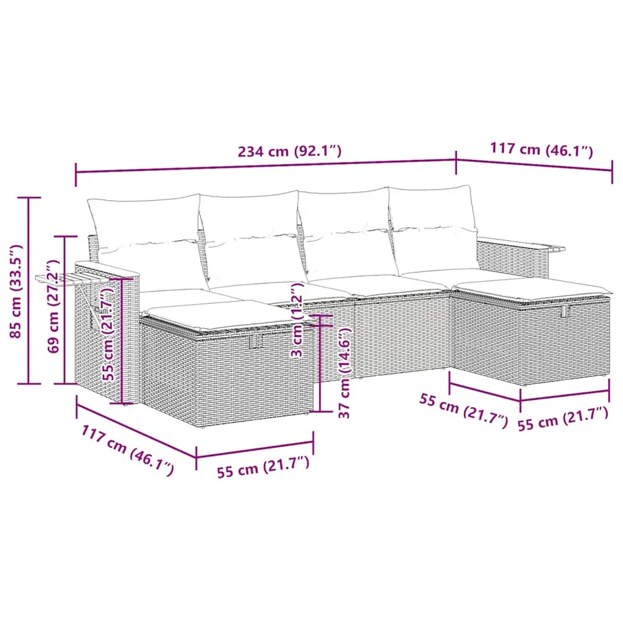 Salon de jardin 6 pcs avec coussins gris résine tressée - 13