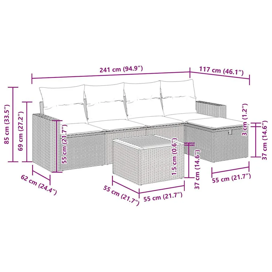 Salon de jardin 6 pcs avec coussins gris résine tressée - 13