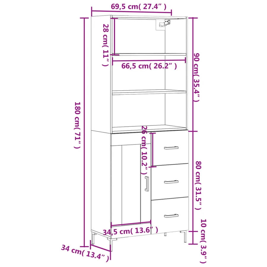 Buffet haut Sonoma gris 69,5x34x180 cm Bois d'ingénierie - 14