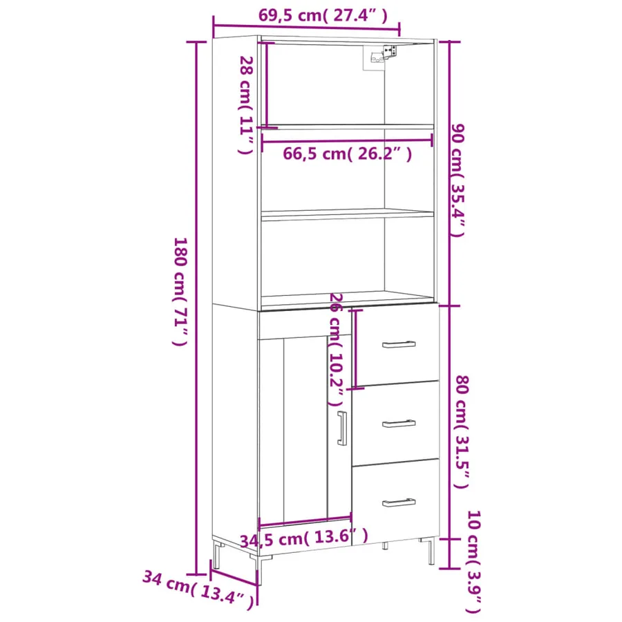 Buffet haut Gris béton 69,5x34x180 cm Bois d'ingénierie - 14