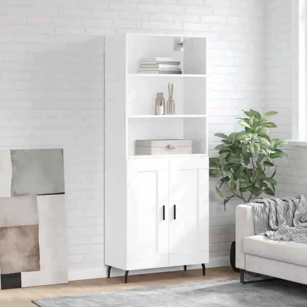 Buffet haut Blanc brillant 69,5x34x180 cm Bois d'ingénierie