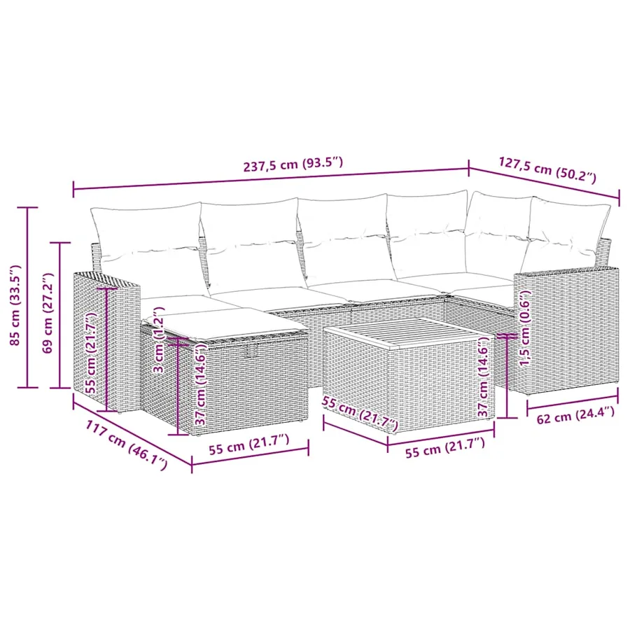 Salon de jardin avec coussins 7 pcs beige résine tressée - 15