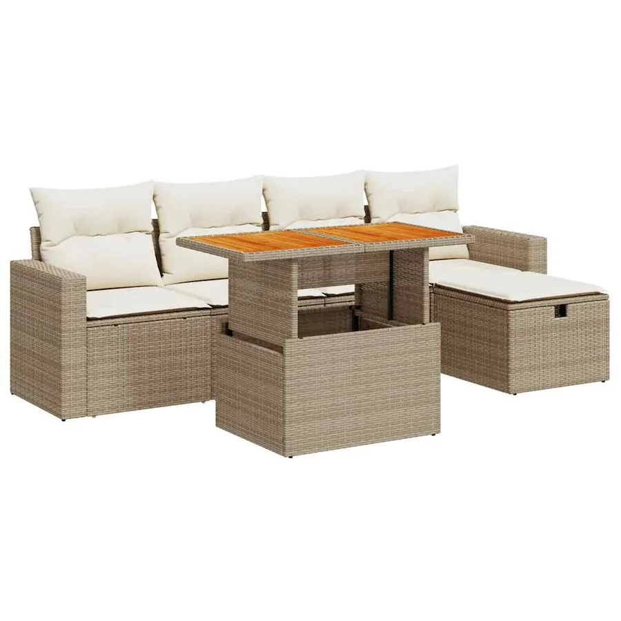 Salon de jardin 6 pcs avec coussins beige résine tressée acacia - 2