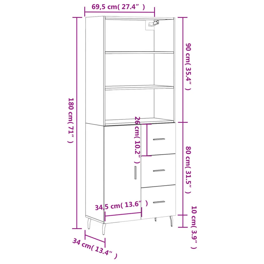 Buffet haut Chêne sonoma 69,5x34x180 cm Bois d'ingénierie - 14