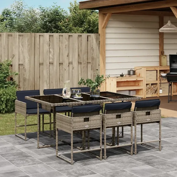 Ensemble à manger de jardin 7 pcs coussins gris résine tressée