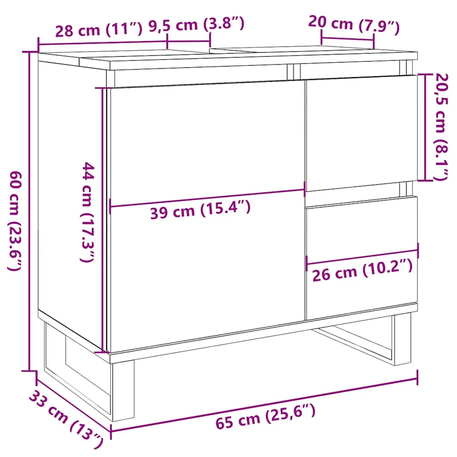 Armoire de lavabo de salle de bain gris béton 65x33x60 cm - 12